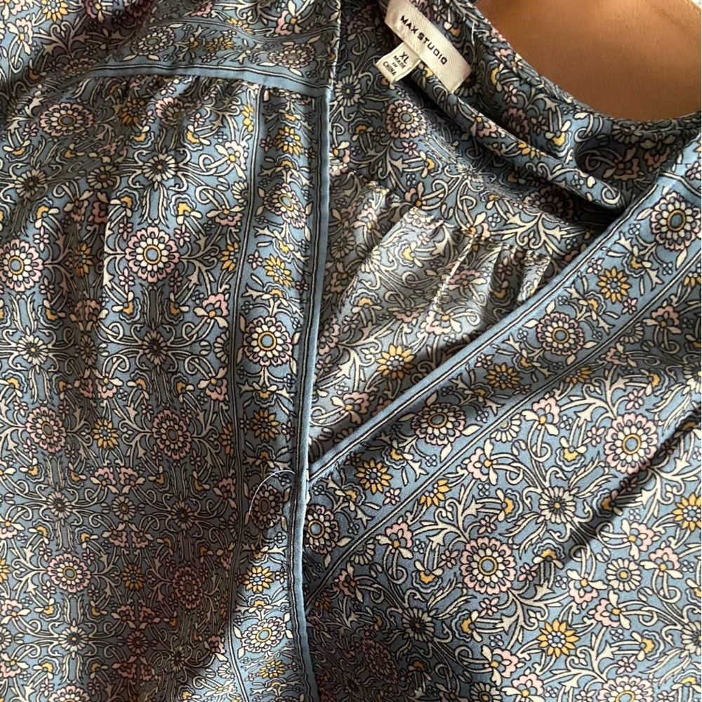 Max Studio Blue Wrap Blouse with Mandarin Collar